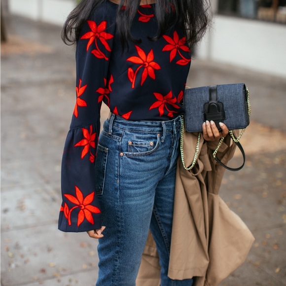 Banana Republic Tops - Banana Republic floral bell sleeve blouse in navy and red Medium